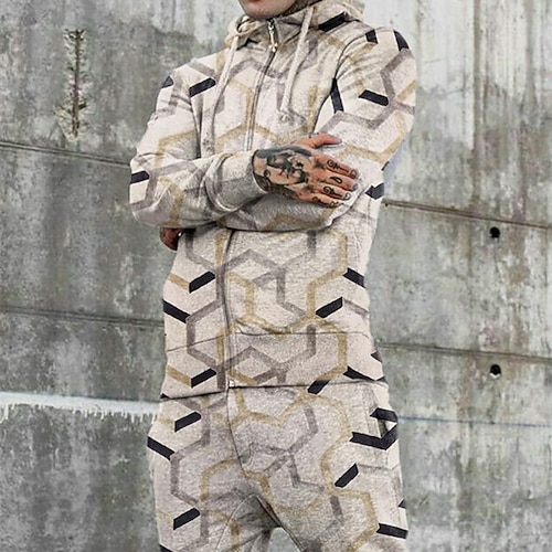 

Men's Tracksuit Hoodies Set Graphic Patterned Geometric 2 Piece Print Sports Outdoor Casual Sports 3D Print Sportswear Basic Essential Hoodies Sweatshirts Wine Khaki Orange