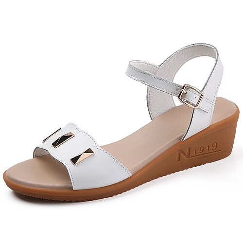 

Women's Sandals Wedge Sandals Flat Heel Round Toe Casual Sweet Daily Work Walking Shoes PU Leather Ankle Strap Spring Summer White Black Beige