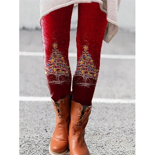 

Women's Tights Leggings Black / Red Green Blue Mid Waist Fashion Designer Tights Daily Print High Elasticity Full Length Tummy Control Snowflake S M L XL 2XL / Skinny