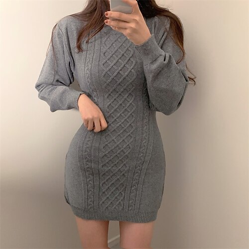 

Women's Sheath Dress Short Mini Dress Black Gray Beige Long Sleeve Pure Color Knit Spring Summer Round Neck Stylish Modern 2022 One-Size