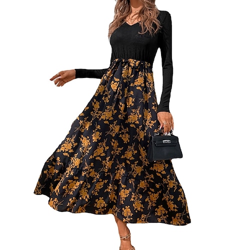 

Women's Swing Dress Midi Dress Black Long Sleeve Floral Color Block Print Fall Spring V Neck Stylish Modern 2022 S M L XL