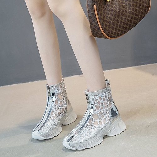 

Women's Boots Sandals Boots Summer Boots Booties Ankle Boots Sequin Flat Heel Round Toe Daily Mesh Zipper Fall Solid Colored Black Silver