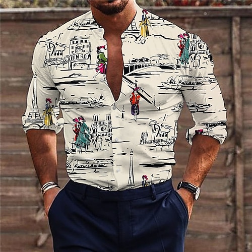 

Men's Shirt Graphic Shirt Graffiti Stand Collar Blue Light Green Beige Gray 3D Print Outdoor Street Long Sleeve Button-Down Print Clothing Apparel Fashion Designer Casual Breathable / Summer / Spring