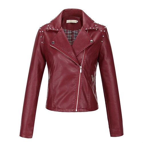 

Women's Faux Leather Jacket Short Full Zip Pocket Zipper Pocket Coat Black Wine Casual Street Fall Zipper Lapel Regular Fit XS S M L XL XXL