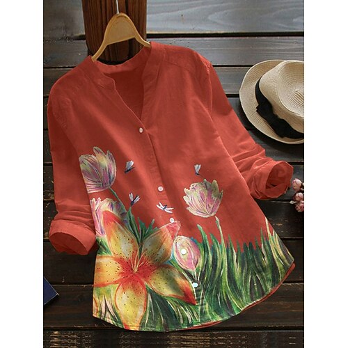 

Women's Plus Size Tops Blouse Shirt Floral Button Print 3/4 Length Sleeve V Neck Vintage Daily Going out Cotton Fall Spring Orange