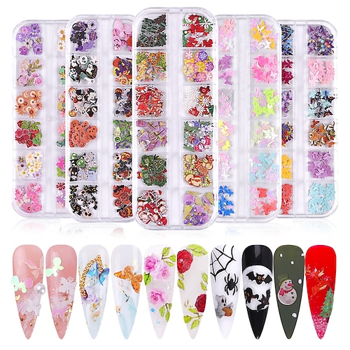 

5 sets Mix Xmas Halloween Snowflakes Pop Fashion Shapes Thin Metallic Sequins Nail Art Slice Stickers Decorations Manicure Tip