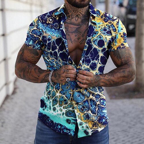 

Men's Shirt Graphic Shirt Graphic Turndown Blue 3D Print Street Daily Short Sleeve 3D Button-Down Clothing Apparel Fashion Designer Casual Breathable