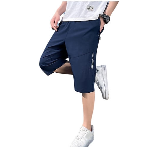 

Men's Chic Modern Casual Chinos Shorts Patchwork Zipper Pocket Elastic Waist Knee Length Pants Casual Daily Micro-elastic Patchwork Letter Comfort Breathable Mid Waist Black Blue Light gray Dark