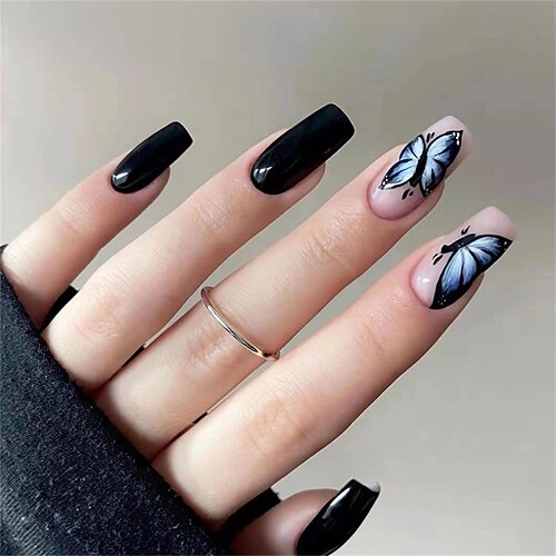 

24pcs Wearing Nails Mysterious Black Butterfly Nail Stickers Finished Products Can Be Wholesaled Nail Pieces Nail Pieces L Wearable Nail Stickers