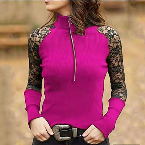 

Women's Blouse Shirt Green Blue Wine Plain Lace Cut Out Long Sleeve Daily Weekend Streetwear Casual Shirt Collar Regular S