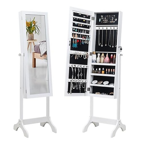 

Non Full Mirror Wooden Floor Standing 4-Layer Shelf Jewelry Storage Adjustable Mirror Cabinet White