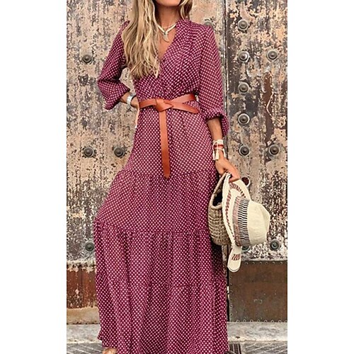 

Women's A Line Dress Maxi long Dress Black Red Long Sleeve Polka Dot With Belt Spring Summer V Neck Stylish Casual 2022 S M L XL XXL 3XL 4XL