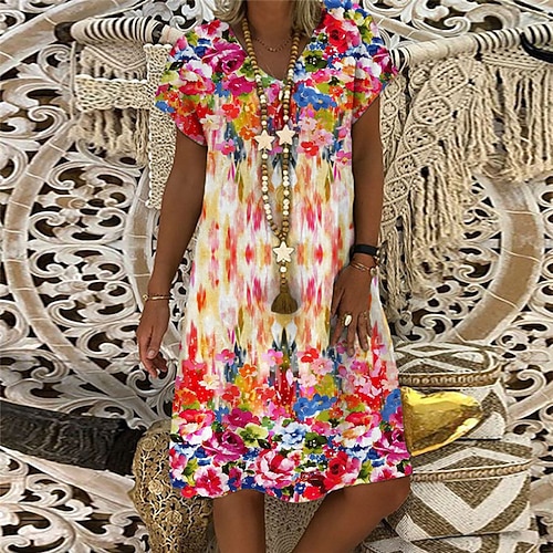 

Women's Shift Dress Short Mini Dress Rainbow Short Sleeve Floral Print Spring Summer V Neck Casual Vacation 2022 S M L XL XXL 3XL