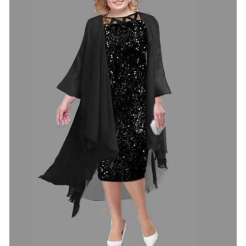 

Women's Plus Size Party Dress Print Crew Neck Ruched 3/4 Length Sleeve Fall Spring Work Elegant Prom Dress Midi Dress Formal Party Dress