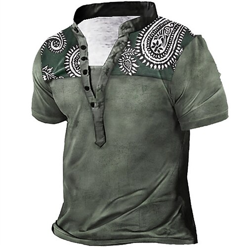 

Men's Henley Shirt Tee T shirt Tee 3D Print Graphic Patterned Tribal Plus Size Stand Collar Daily Sports Button-Down Print Short Sleeve Tops Designer Basic Essential Casual Big and Tall Green Gray