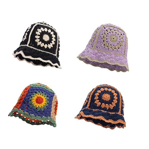 

New Autumn Winter Bohemia Hollow Crochet Flower Fisherman Hat Shade Breathable Knitted Bucket Hat Ladies Panama Knitted Fisherman Hat