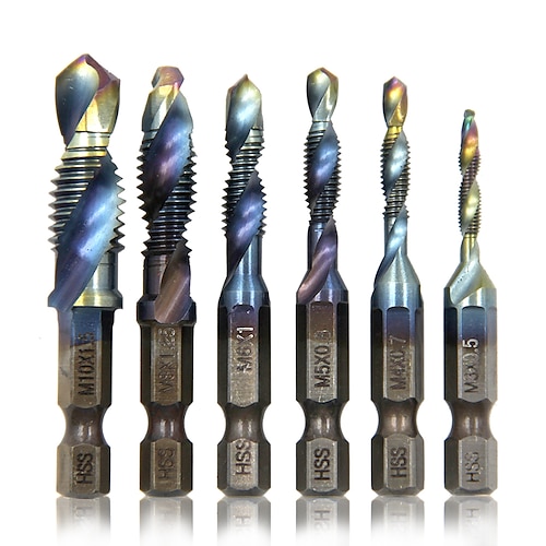 

Blue Plated Hex Shank HSS Screw Thread Metric Tap Drill Bits Composite tap 6pcs Boxed Kit Screw Tools Hand Tools Sets
