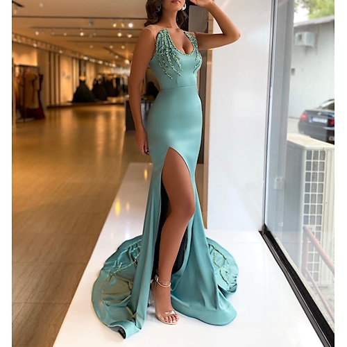 

Mermaid / Trumpet Evening Dresses Sexy Dress Prom Court Train Sleeveless Scoop Neck Satin with Sequin Slit 2022 / Sparkle & Shine