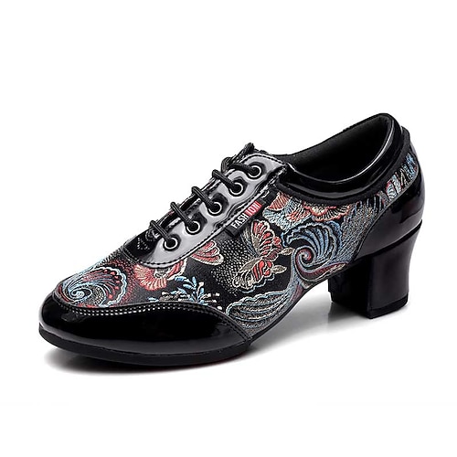 

Women's Latin Shoes Practice Trainning Dance Shoes Performance Outdoor ChaCha Heel Pattern / Print Splicing Vintage Thick Heel Round Toe Lace-up Adults' Black / Satin