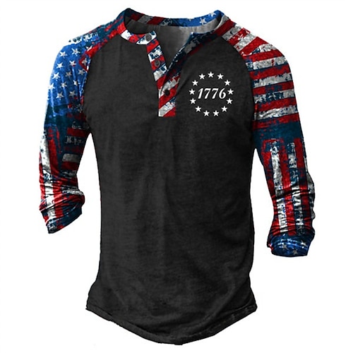 

Men's Tee T shirt Tee 3D Print Graphic Patterned American Flag Plus Size Henley Daily Sports Patchwork Button-Down Long Sleeve Tops Designer Basic Casual Classic Black