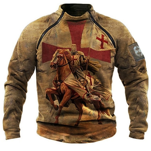 

Men's Sweatshirt Pullover Brown Standing Collar Graphic Horse Knights Templar Zipper Print Casual Daily Sports 3D Print Basic Streetwear Big and Tall Spring & Summer Clothing Apparel Hoodies