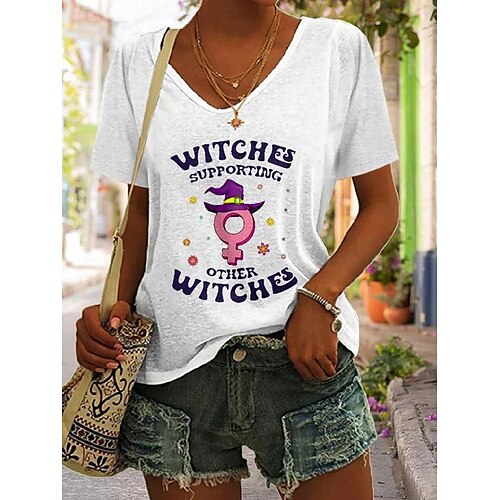 

Women's T shirt Tee Green Blue Gray Graphic Letter Print Short Sleeve Halloween Casual Basic V Neck Regular S