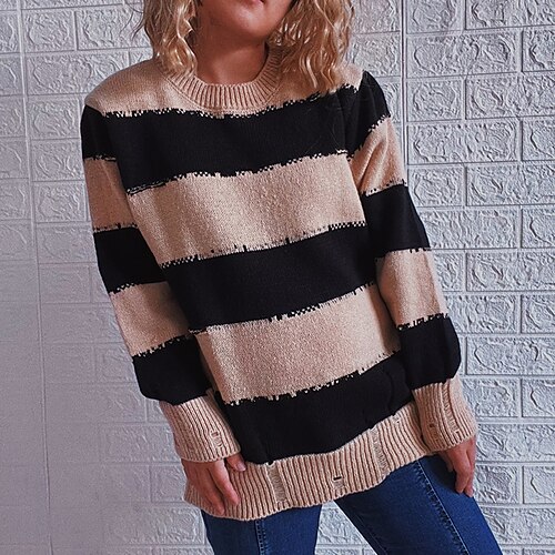 

Women's Pullover Sweater Jumper Crochet Knit Knitted Striped Crew Neck Stylish Casual Daily Holiday Fall Winter Green White S M L / Long Sleeve