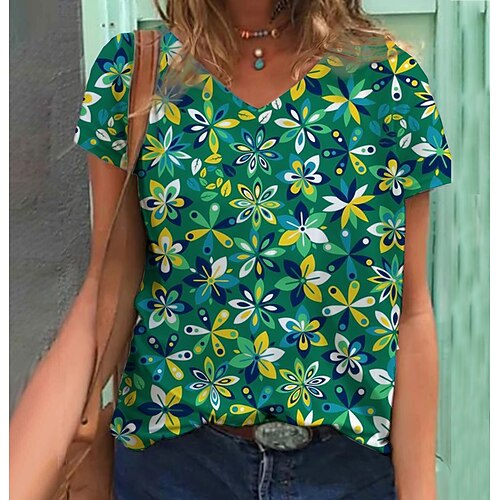 

Women's T shirt Tee Flower Casual Floral T shirt Tee Short Sleeve Print V Neck Vintage Green S / 3D Print