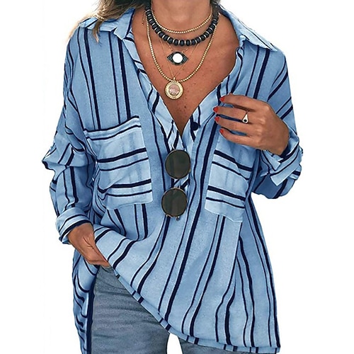 

Women's Blouse Shirt Blue Striped Button Pocket Long Sleeve Daily Weekend Streetwear Casual Shirt Collar Long S / Print