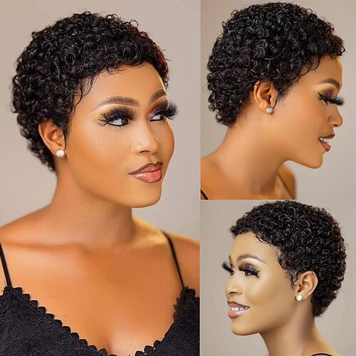 

Short Pixie Finger Waves Curly Bob Human Hair Wig For Women Brazilian Remy Natural Glueless Machine Made Black Color