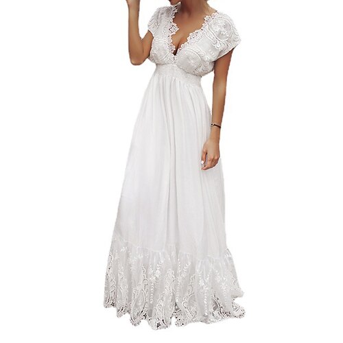 

Women's Party Dress Maxi long Dress White Short Sleeve Pure Color Lace Spring Summer V Neck Stylish Modern Loose 2022 S M L XL