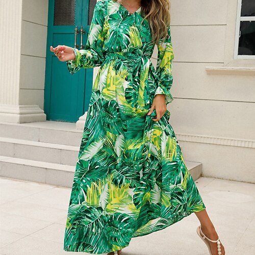 

Women's A Line Dress Maxi long Dress Green Yellow Red Long Sleeve Floral Print Spring Summer V Neck Casual 2022 S M L XL