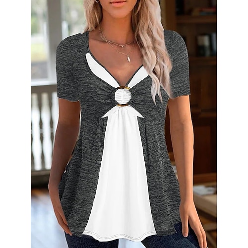 

Women's T shirt Tee Plain Daily T shirt Tee Short Sleeve Patchwork V Neck Basic Essential Gray S