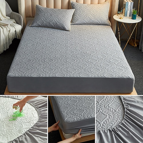 

Waterproof Bed Fitted Sheet Mattress Grey Tatami Protector Bedspread Pad Cover Queen/King Size/Twin/Single Deep Pocket For Home Hotel Hospital Dorm Solid Anti-Dust