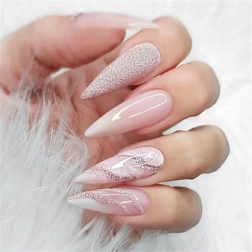 

24pcs European and American Long Pointed Nails Smudged Glitter Powder Wearing Nail Glitter Powder Nail Art