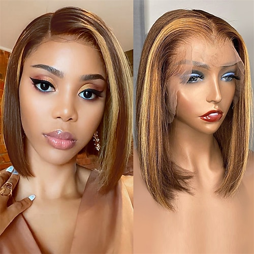 

Highlight Bob Lace Front Human Hair Wig 13x4x1 Straight Glueless Ftontal Brazilian Ombre PrePlucked Virgin For Black Women