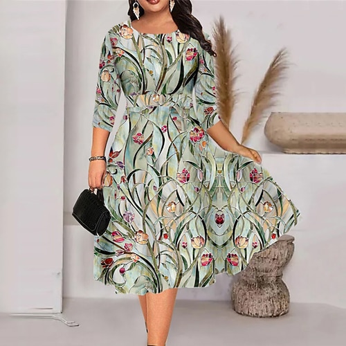 

Women's Plus Size Holiday Dress Floral Crew Neck Print 3/4 Length Sleeve Fall Spring Work Midi Dress Daily Vacation Dress