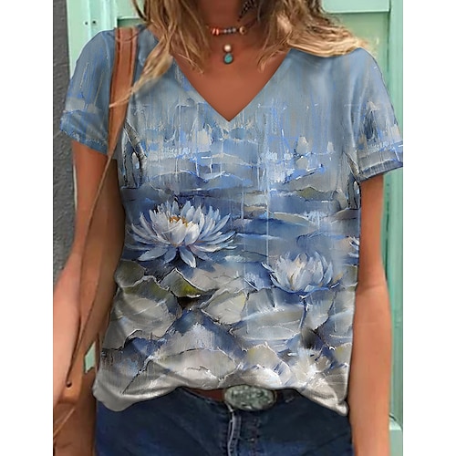 

Women's T shirt Tee Floral Casual Holiday Weekend Floral Painting T shirt Tee Short Sleeve Print V Neck Basic Essential Blue Purple Pink S / 3D Print