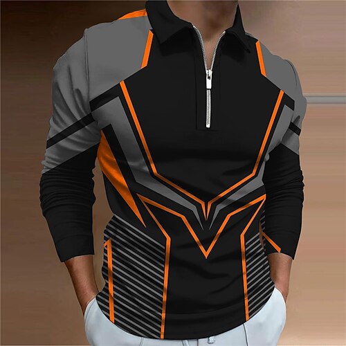 

Men's Collar Polo Shirt Golf Shirt Geometry Turndown Black 3D Print Outdoor Street Long Sleeve Zipper Print Clothing Apparel Fashion Designer Casual Breathable