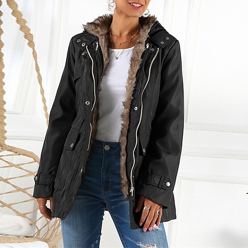 

Women's Winter Jacket Winter Coat Parka Hoodie Jacket Outdoor Street Daily Winter Fall Regular Coat Regular Fit Windproof Warm Streetwear Casual Jacket Long Sleeve Solid Color Fur Trim Pocket Black