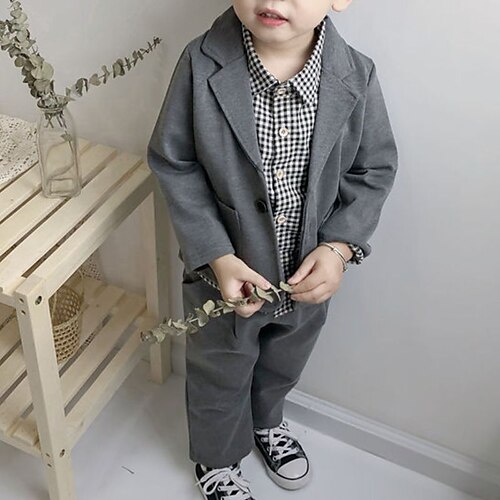

Kids Boys Suit Blazer Shirt Pants Clothing Set 3 Pieces Long Sleeve Black Gray Plaid School Formal Preppy Style 1-5 Years