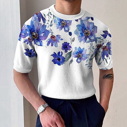 

Men's T shirt Tee 3D Print Floral Graphic Patterned Crew Neck Street Daily Half Sleeve Tops Casual Fashion Blue / White