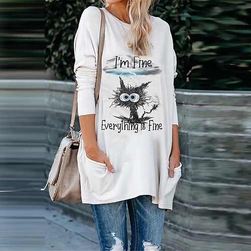 

Women's Shift Dress Short Mini Dress White Long Sleeve Cat Letter Animal Pocket Print Fall Spring Crew Neck Casual Vacation 2022 S M L XL XXL 3XL