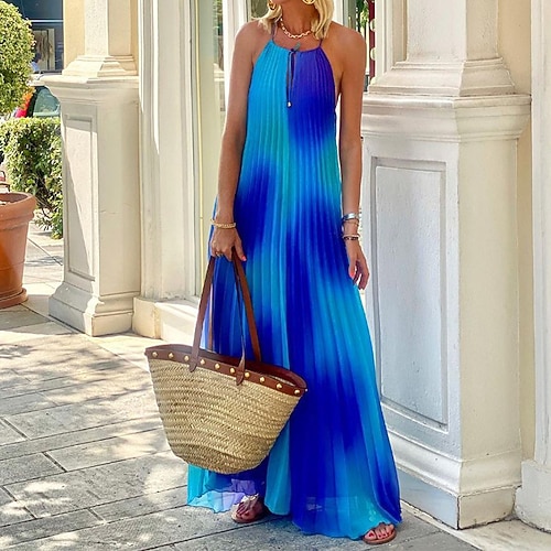 

Women's Shift Dress Maxi long Dress Blue Sleeveless Color Gradient Backless Print Spring Summer Spaghetti Strap Elegant Boho 2022 S M L XL