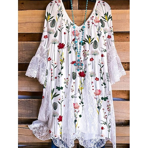 

Women's Plus Size Tops Tunic Floral Ruched Print 3/4 Length Sleeve V Neck Festival Daily Vacation Polyester Fall Spring White