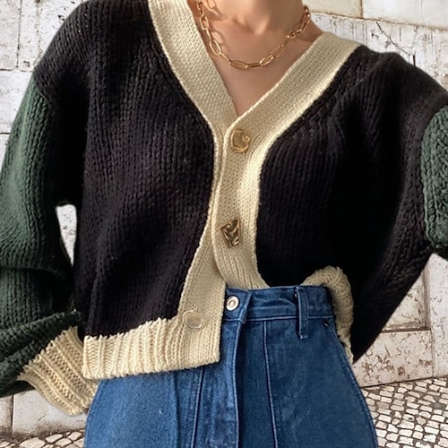 

Women's Cardigan Sweater Jumper Crochet Knit Knitted Patchwork Color Block V Neck Stylish Casual Daily Outdoor Fall Winter Green Beige One-Size / Long Sleeve