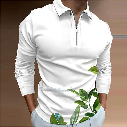 

Men's Collar Polo Shirt Golf Shirt Leaves Turndown Green Blue Dark Gray White 3D Print Outdoor Street Long Sleeve Zipper Print Clothing Apparel Fashion Designer Casual Breathable / Summer / Spring