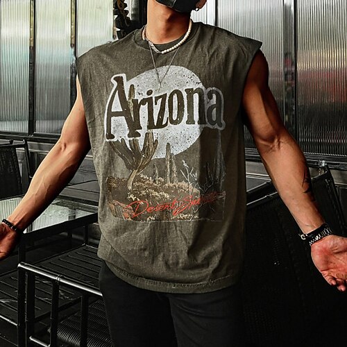 

Men's Tank Top Vest Hot Stamping Graphic Patterned Letter Crew Neck Street Casual Print Sleeveless Tops Basic Fashion Classic Comfortable Dark Green / Summer