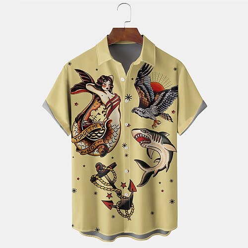 

Men's Shirt Graphic Shirt Mermaid Turndown Light Yellow 3D Print Street Daily Short Sleeve 3D Button-Down Clothing Apparel Fashion Designer Casual Breathable