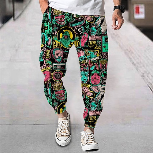 

Men's Joggers Trousers Beach Pants Drawstring Elastic Waist 3D Print Cartoon Graphic Prints Comfort Breathable Sports Outdoor Casual Daily Streetwear Designer Black Micro-elastic / Elasticity